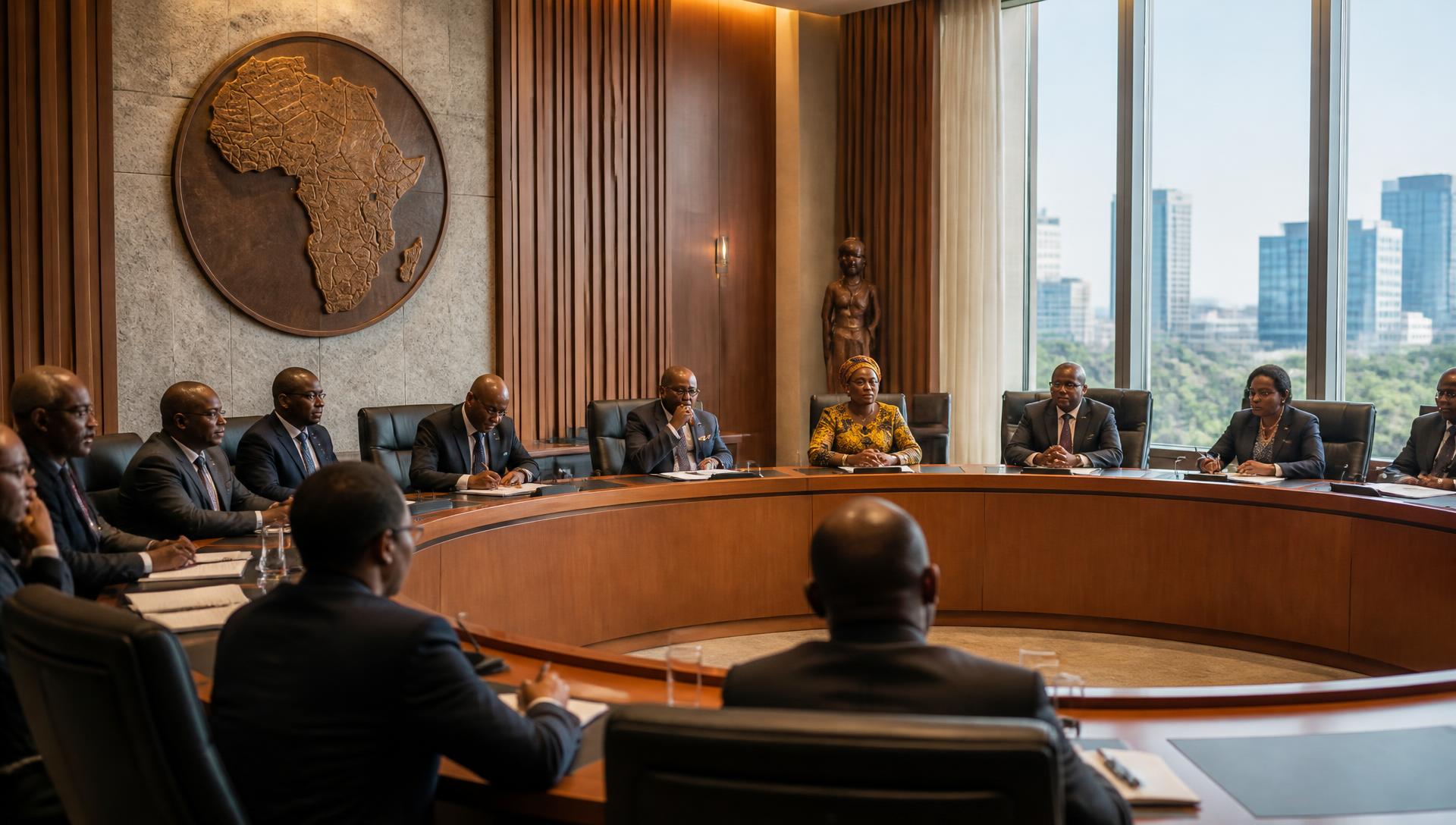 African leaders in an institutional meeting beneath an Africa wall feature