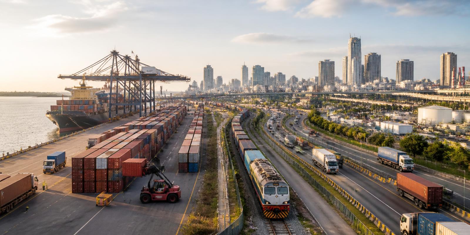 A contemporary African port, rail and road freight corridor connecting industry with a commercial city