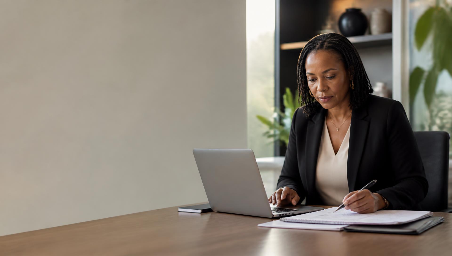 An African professional thoughtfully reviewing nomination information at her laptop