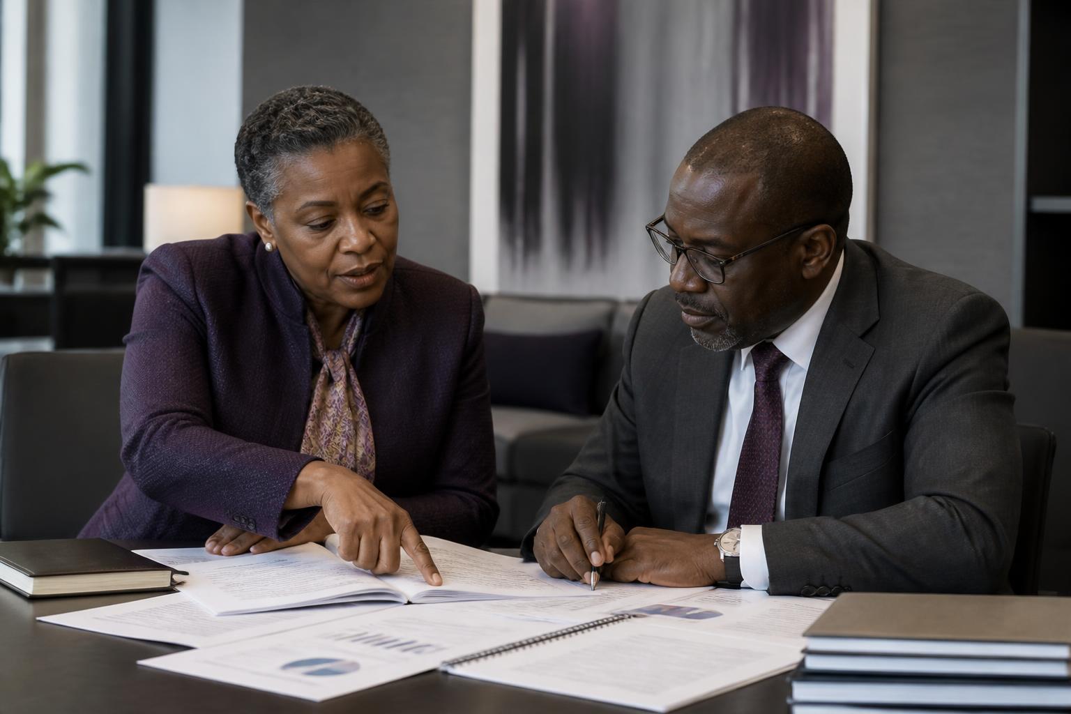 African professionals verifying an impact report and supporting records